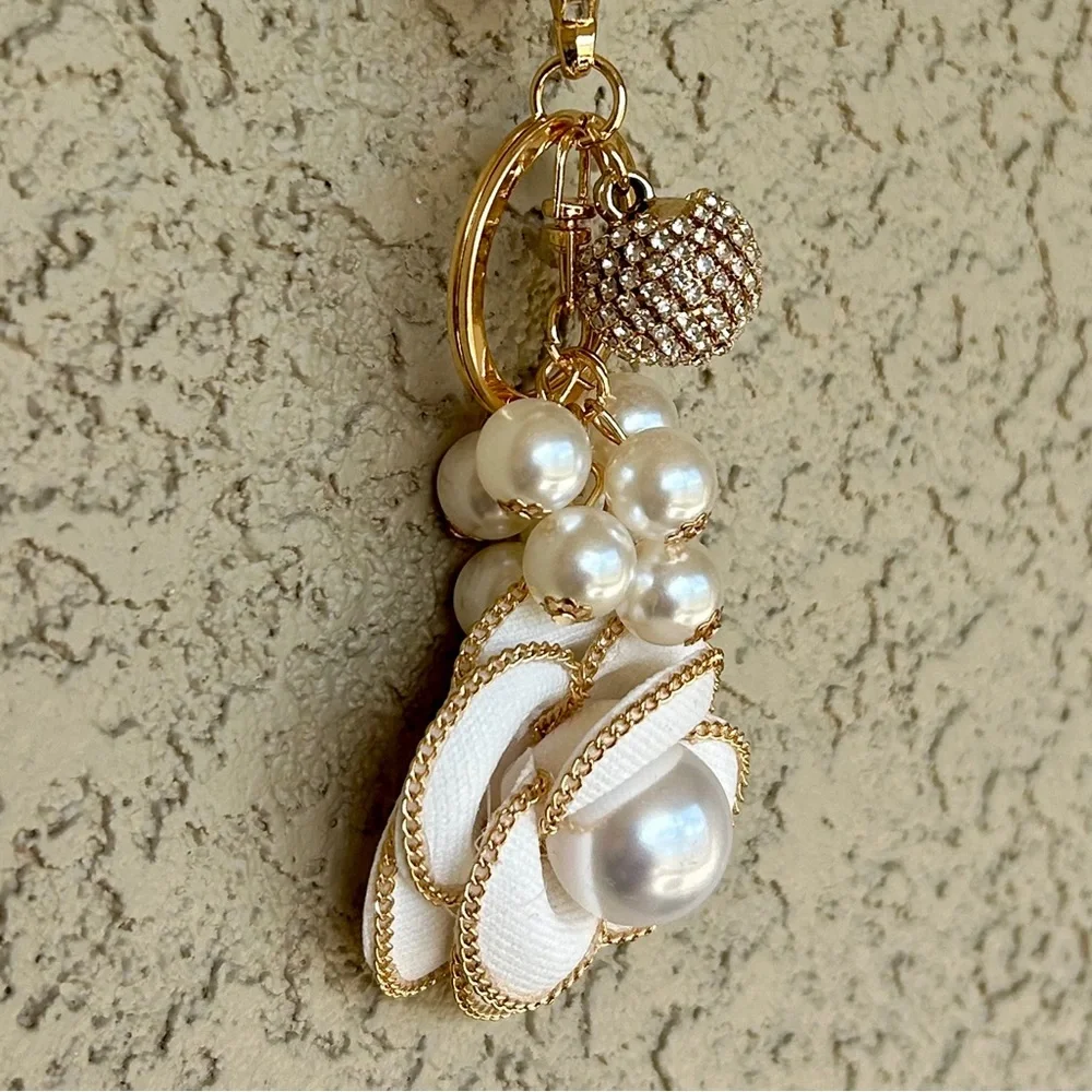 Luxe White Flower Gold Accented Keychain/ Bag Charm